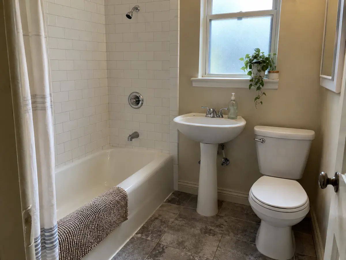 plain rental bathroom with white subway tile, before AI redesign