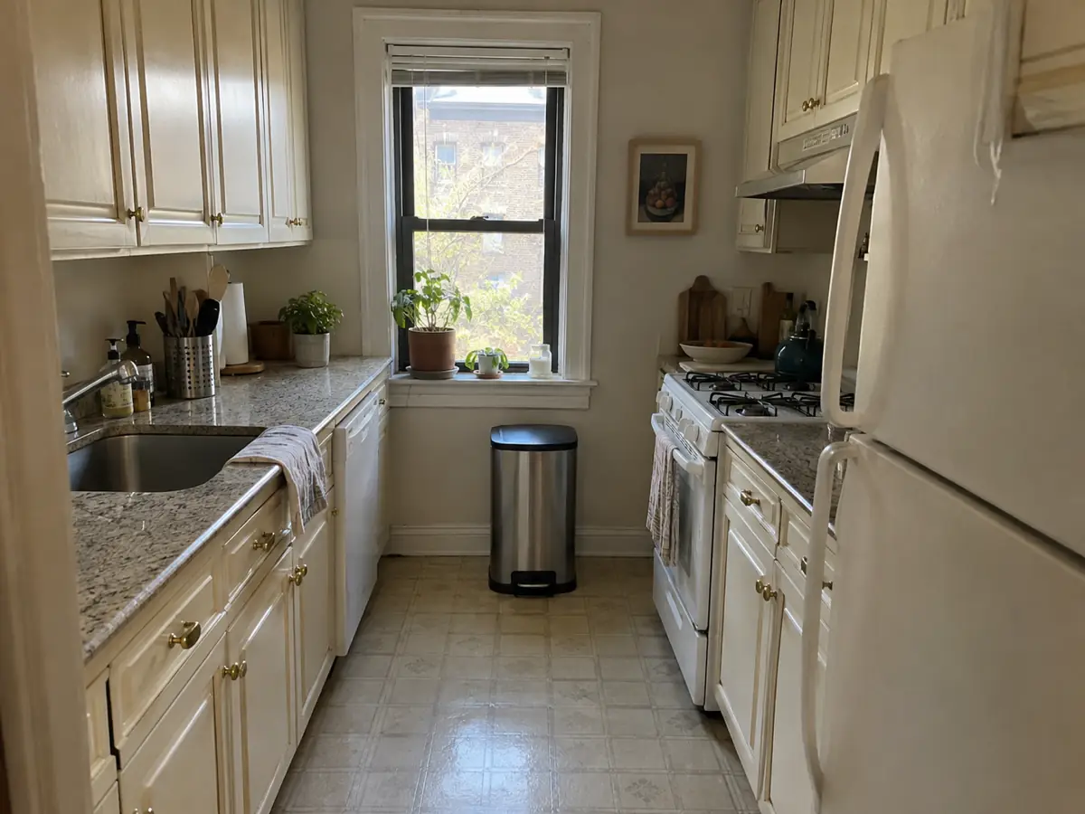 small galley kitchen with cream cabinets, before AI redesign