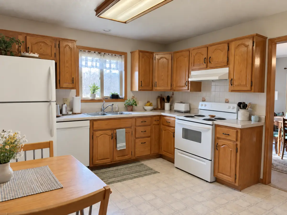 1990s kitchen with honey oak cabinets and laminate counters, before AI redesign