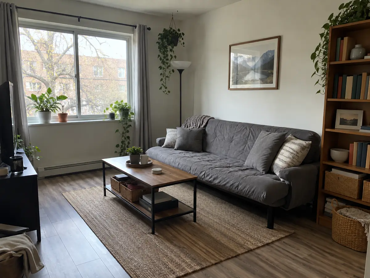 small apartment living room with gray futon, before AI redesign