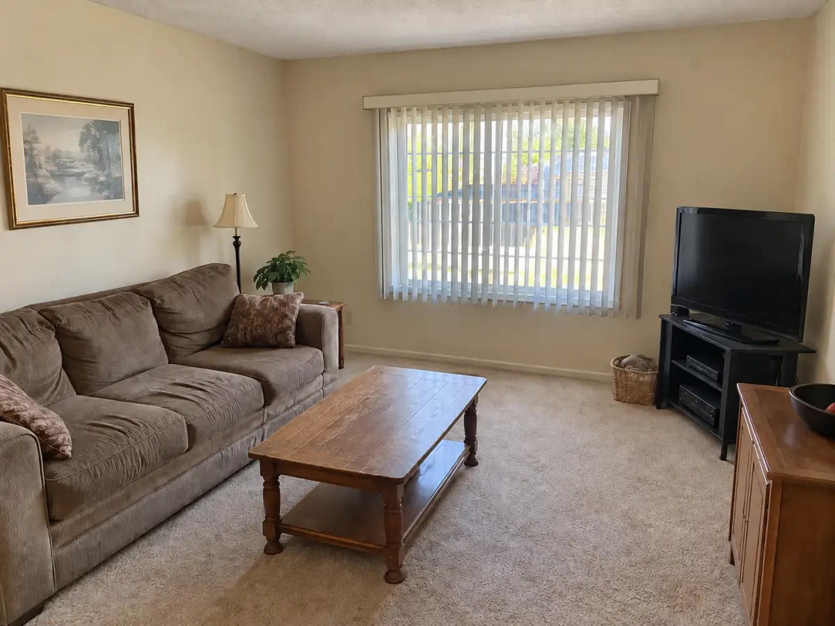 dated living room with beige carpet and brown sofa, before AI redesign